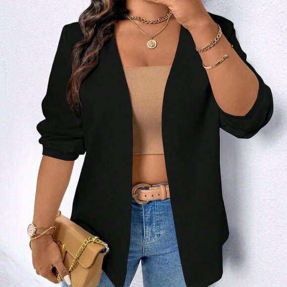 Black Casual Women's Plus Size Long Sleeve Blazer - Picture 3 of 8